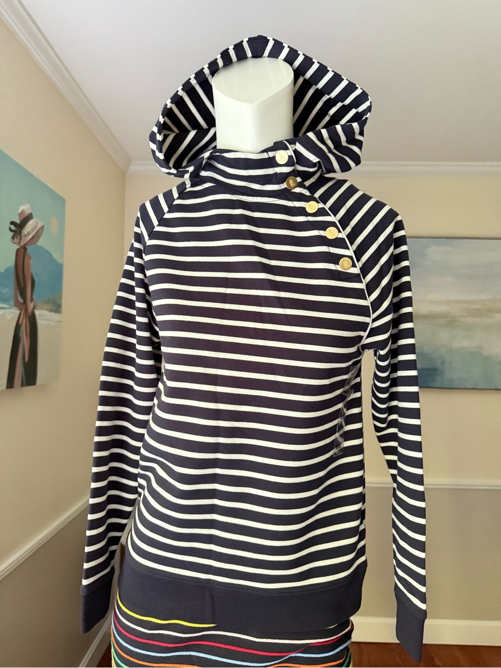 Ralph Lauren Navy & White Striped Hooded Pullover with Gold Buttons